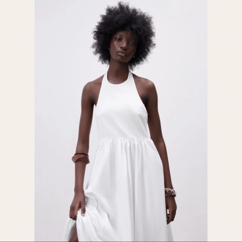 Zara Poplin Tie Halter Neck Midi Dress White Wedding Capsule Closet XL NWT - Picture 5 of 16